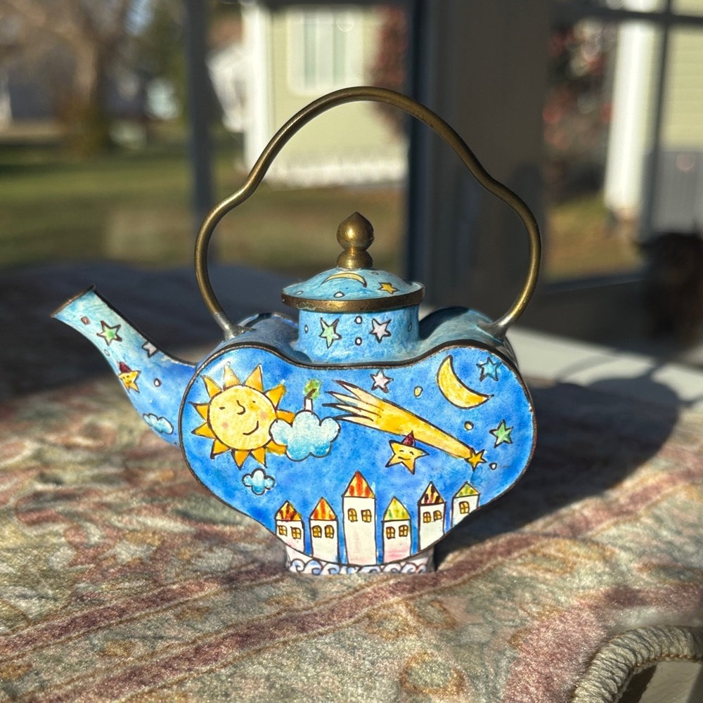 Whimsical Blue Teapot with Celestial Design